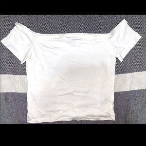 Divided off the shoulder white crop top!